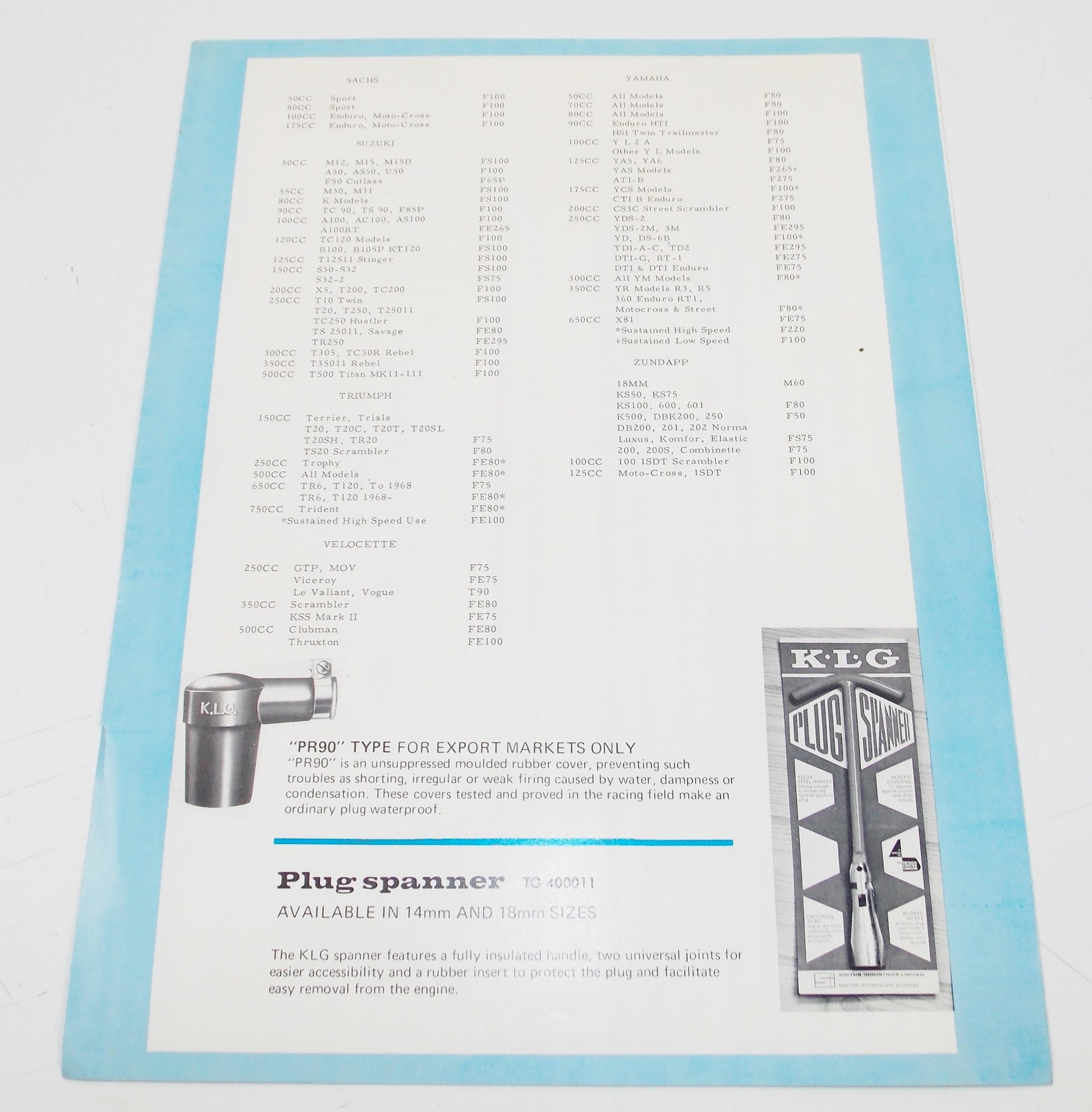 TOP GEAR K.L.G SPARK PLUGS MOTORCYCLE RECOMMENDATION CHART ACCESSORIES CATALOG - MotoRaider