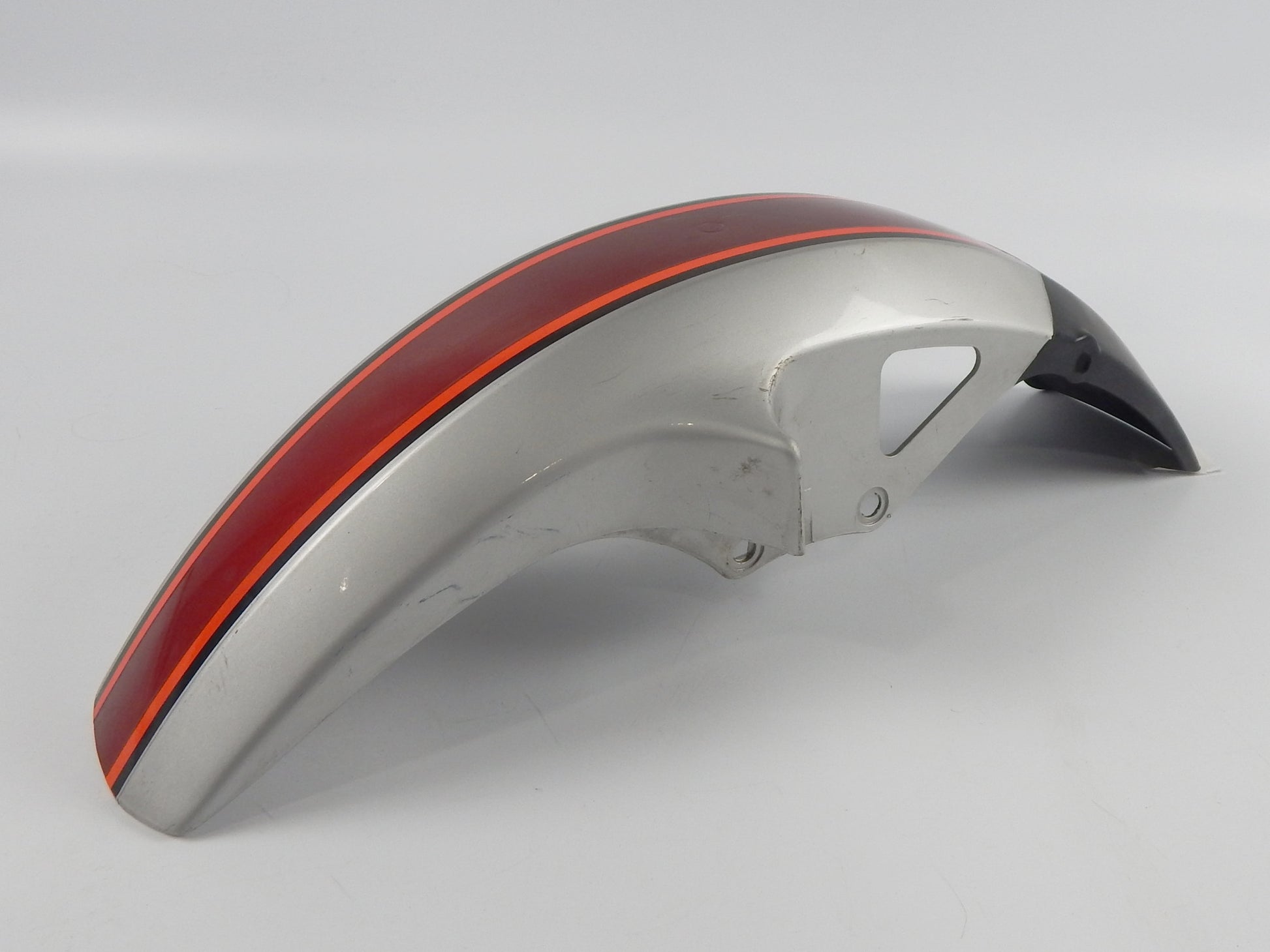 VINTAGE FRONT FENDER MUD GUARD GRAY/ORANGE/RED L=25" W=6" YAMAHA CAGIVA MORINI - MotoRaider