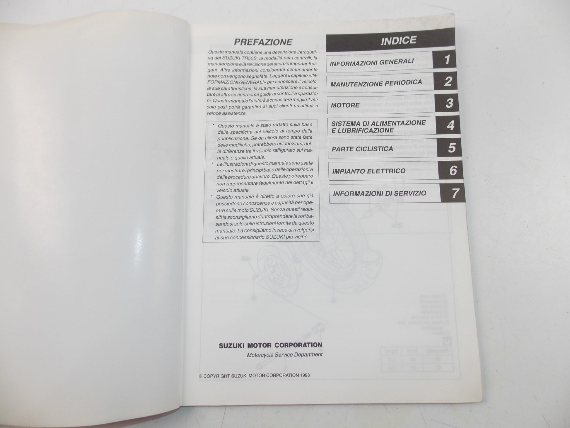 03/1998 SERVICE MANUAL MAINTENANCE BOOK SUZUKI TR50S ITALIAN 99500-10460-01B - MotoRaider