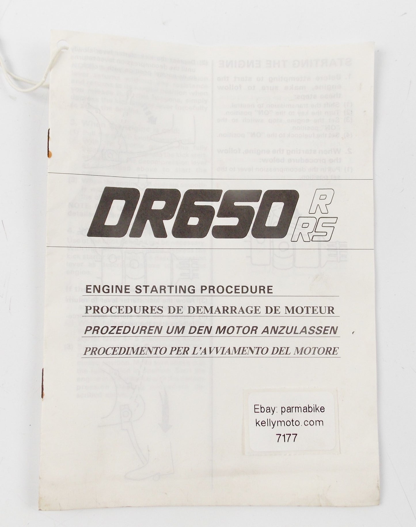 SUZUKI DR650-R/RS ENGINE STARTING PROCEDURE MANUAL BOOK CATALOG 68375-12D00 - MotoRaider