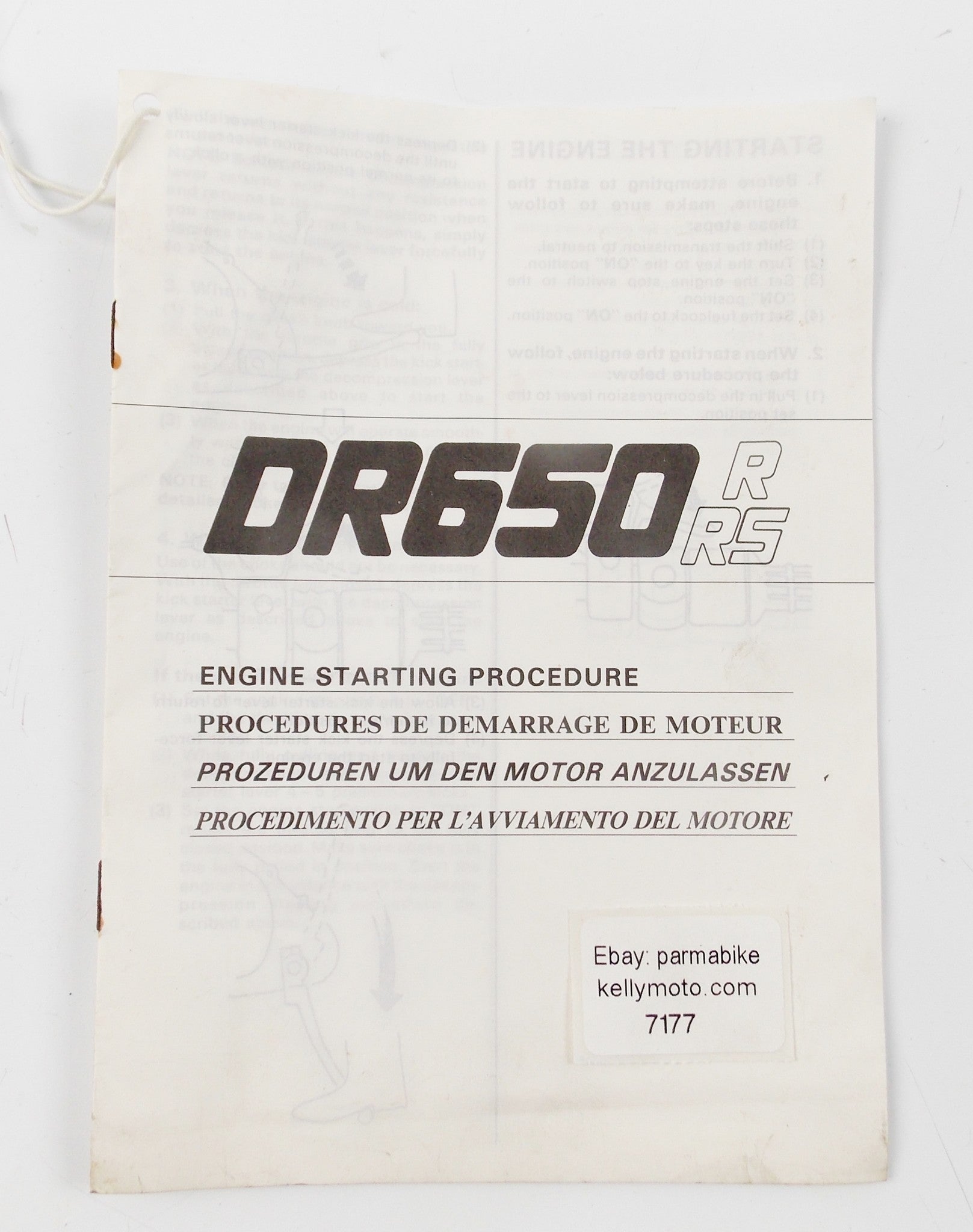 SUZUKI DR650-R/RS ENGINE STARTING PROCEDURE MANUAL BOOK CATALOG 68375-12D00 - MotoRaider