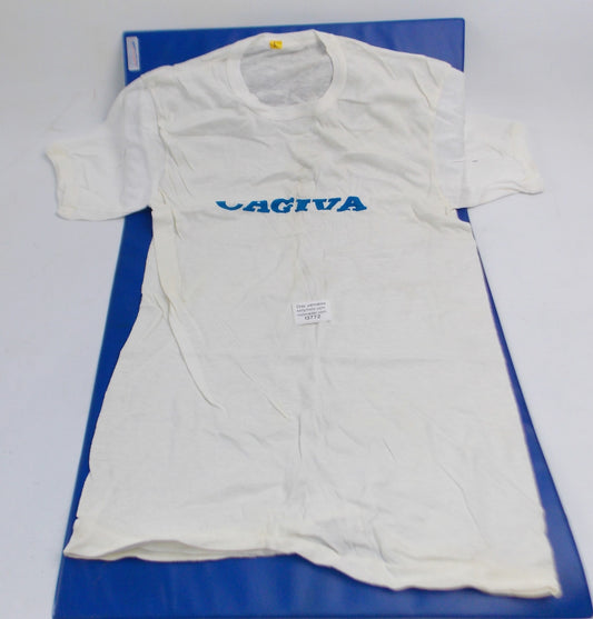 1980's CAGIVA T-SHIRT WHITE WITH BLUE LOGO SIZE L TAMANACO RAPTOR MITO FRECCIA - MotoRaider