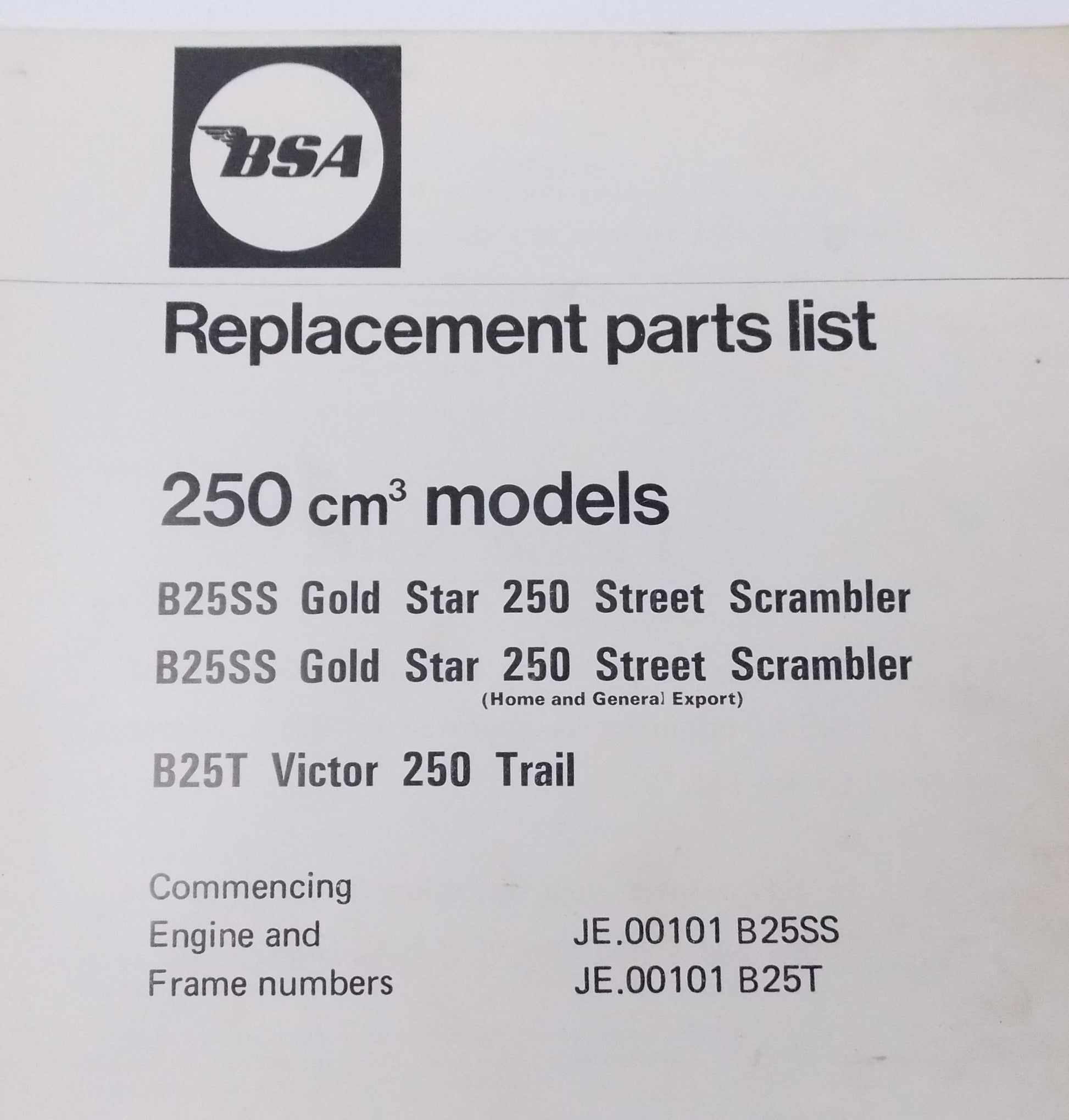 1971 ORIGINAL BSA 250cc REPLACEMENT SPARE PARTS LIST B25SS B25T VICTOR 00-5720 - MotoRaider