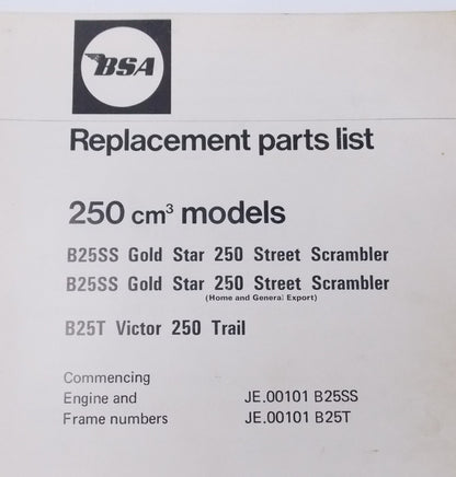 1971 ORIGINAL BSA 250cc REPLACEMENT SPARE PARTS LIST B25SS B25T VICTOR 00-5720 - MotoRaider