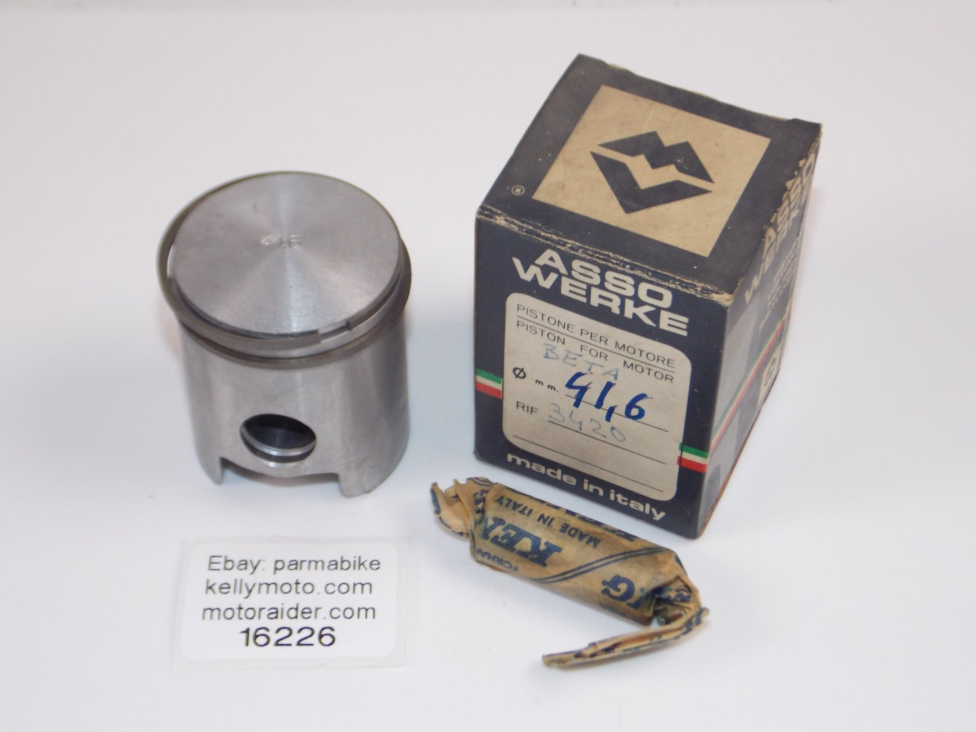 NOS ASSO WERKE 25-7300 BETA 3420 PISTON 41.6 MM + RINGS + 14MM PIN VINTAGE 16226 - MotoRaider