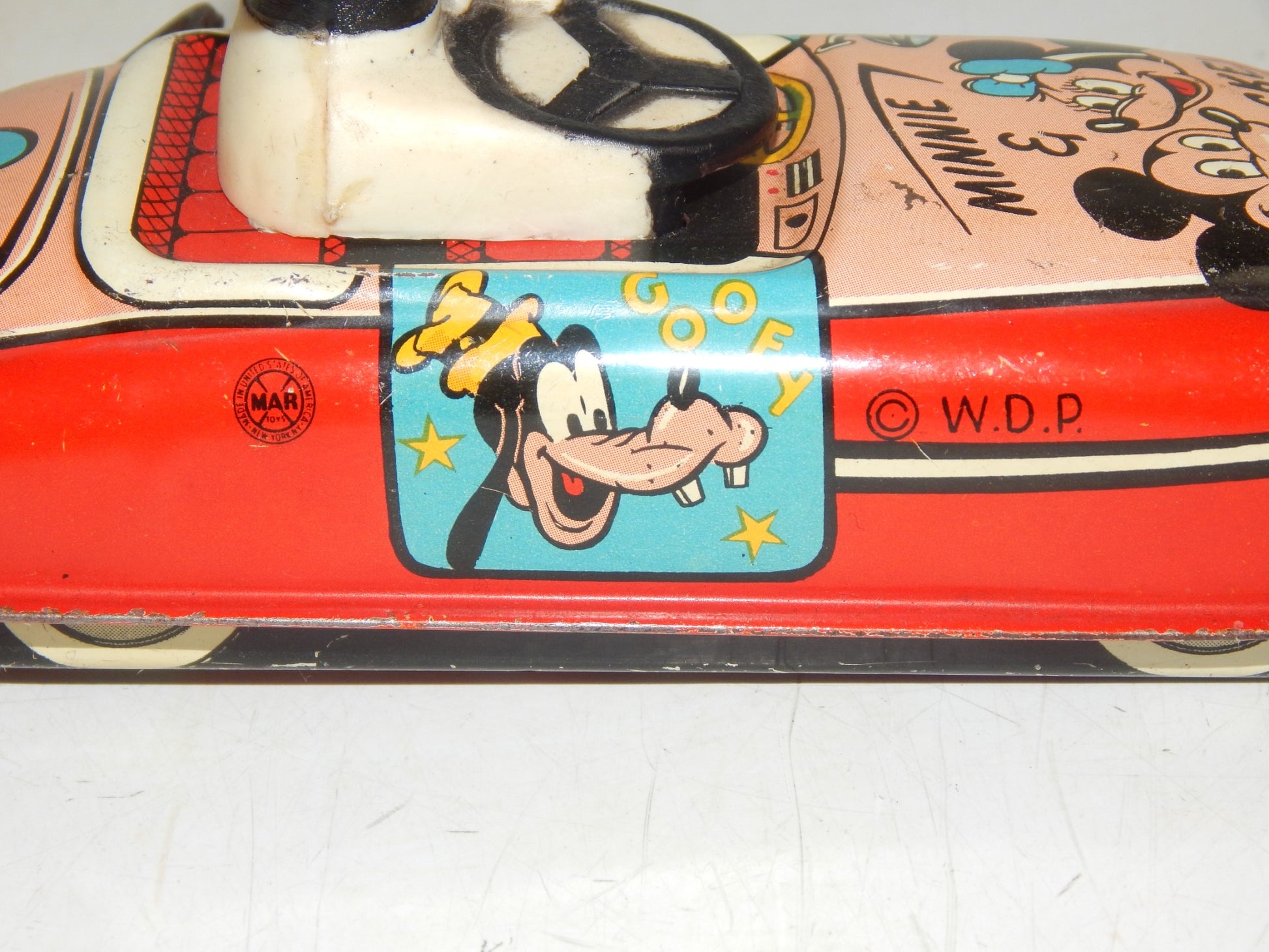 1950's TIN FRICTION TOY CAR MAR WDP DISNEY MINNIE MICKEY PLUTO GOOFY DONALD - MotoRaider