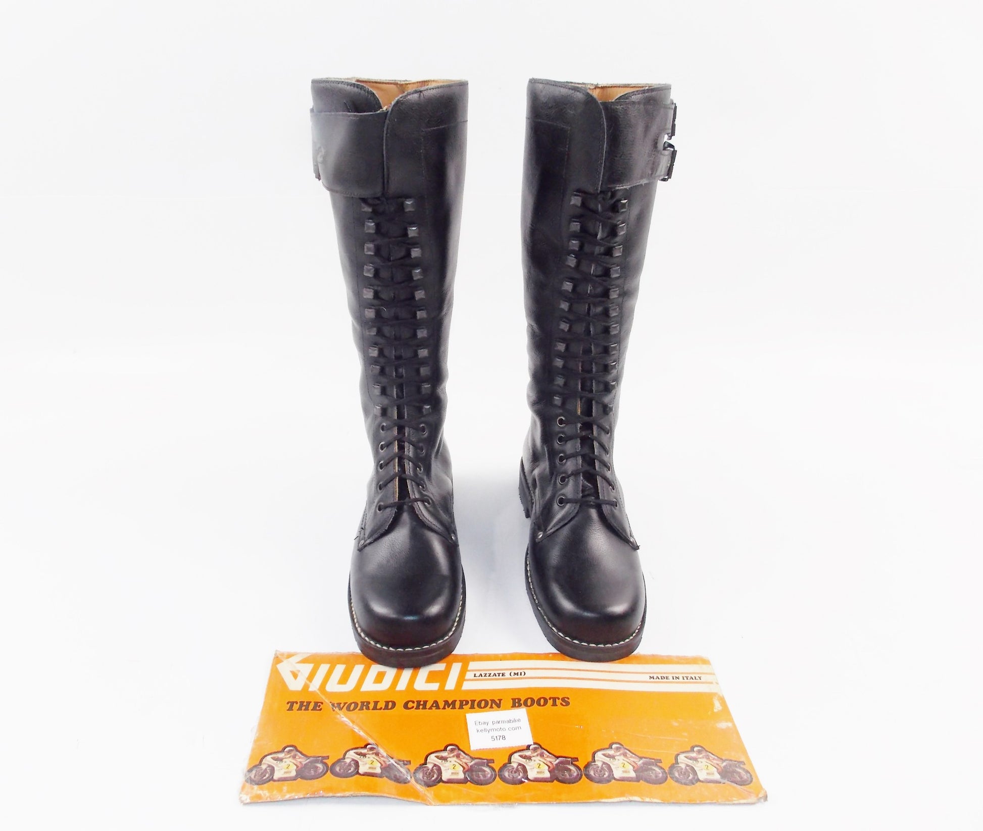1980'S BLACK LEATHER GIUDICI MOTOTCYCLES RIDING LACE UP BOOTS SIZE 40 EU (7 US) - MotoRaider