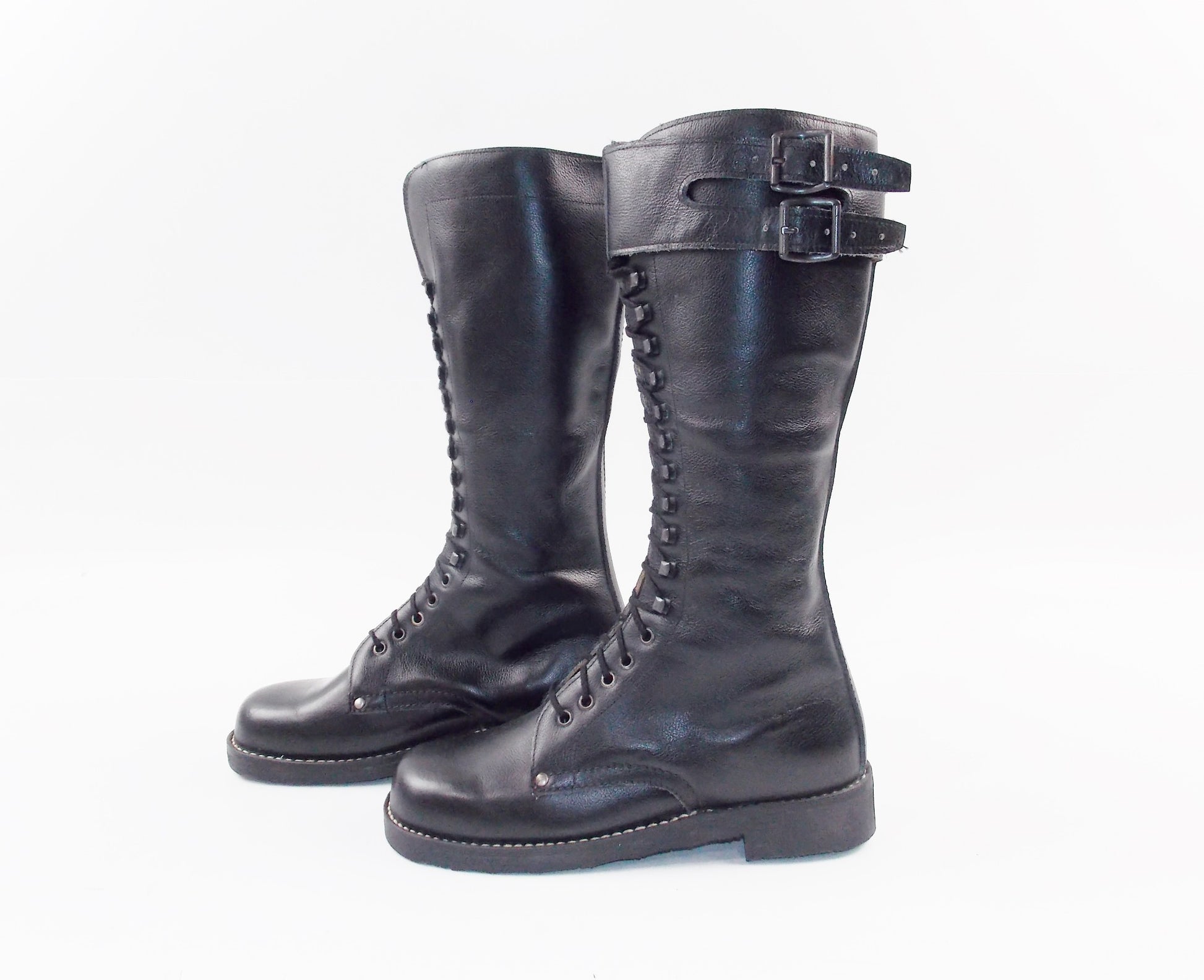 1980'S BLACK LEATHER GIUDICI MOTOTCYCLES RIDING LACE UP BOOTS SIZE 40 EU (7 US) - MotoRaider