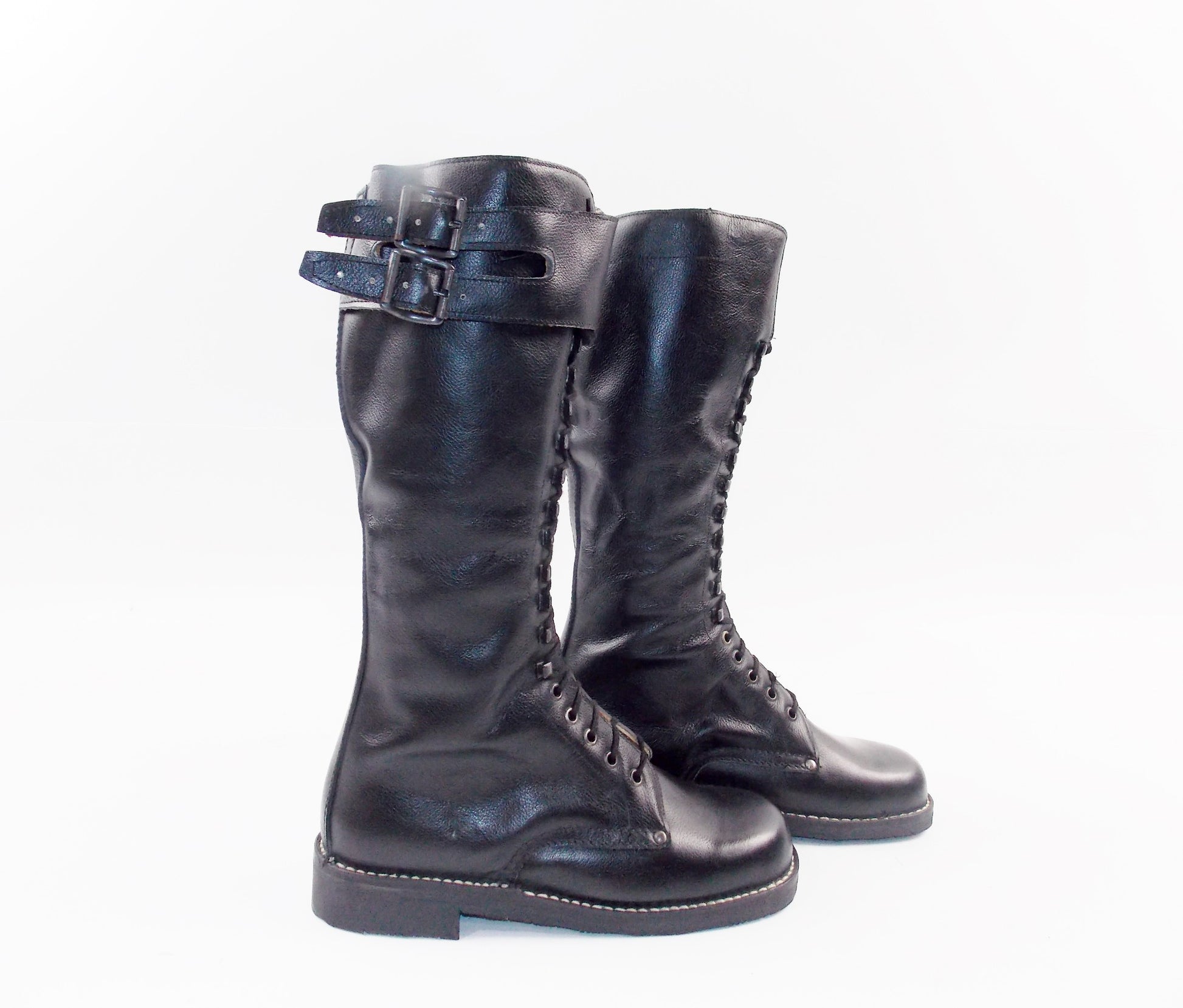 1980'S BLACK LEATHER GIUDICI MOTOTCYCLES RIDING LACE UP BOOTS SIZE 40 EU (7 US) - MotoRaider