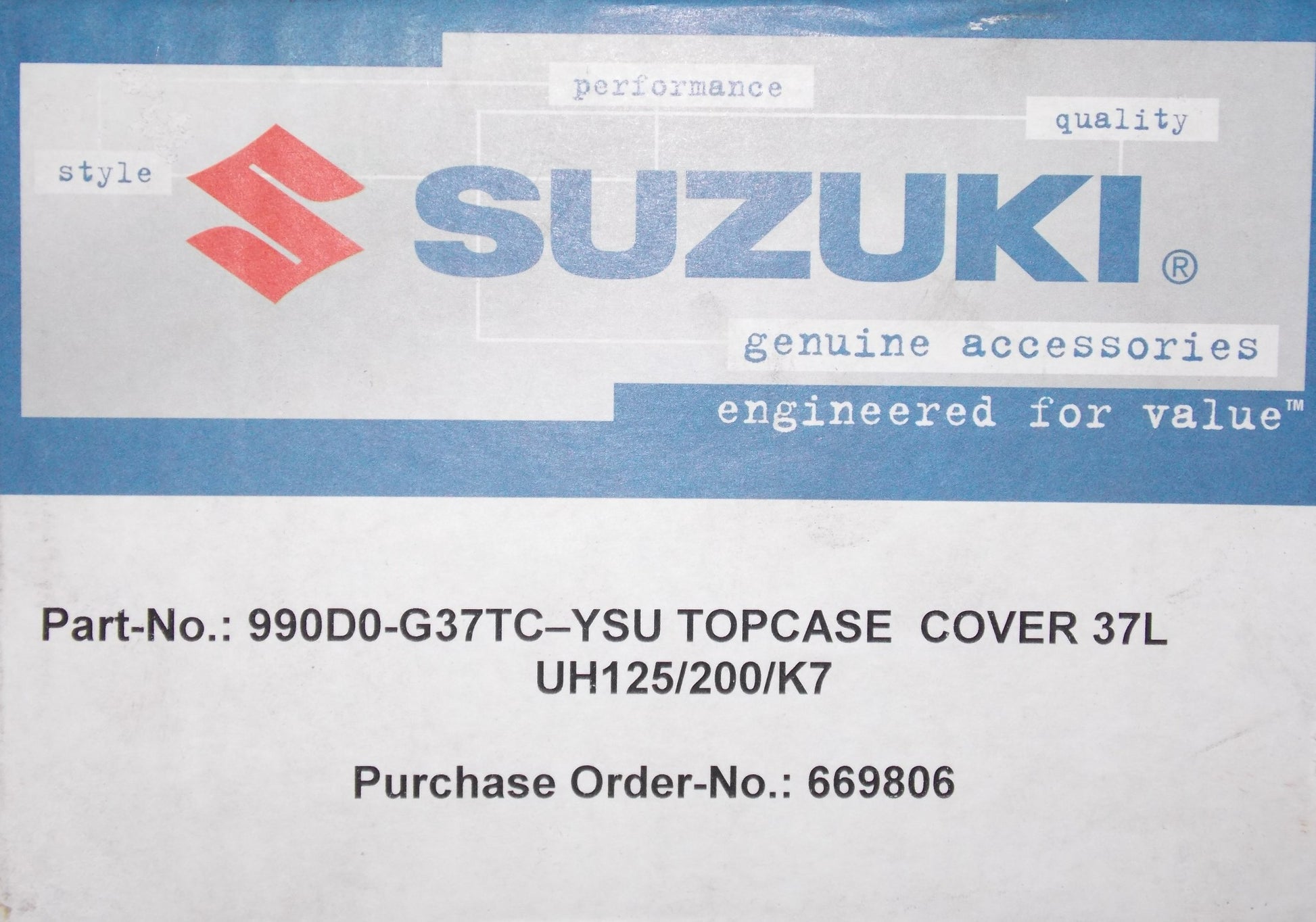 NOS OEM SUZUKI WHITE PEARL TOP CASE COVER 37L UH125/200/K7 # 990D0-G37TC-YSU - MotoRaider