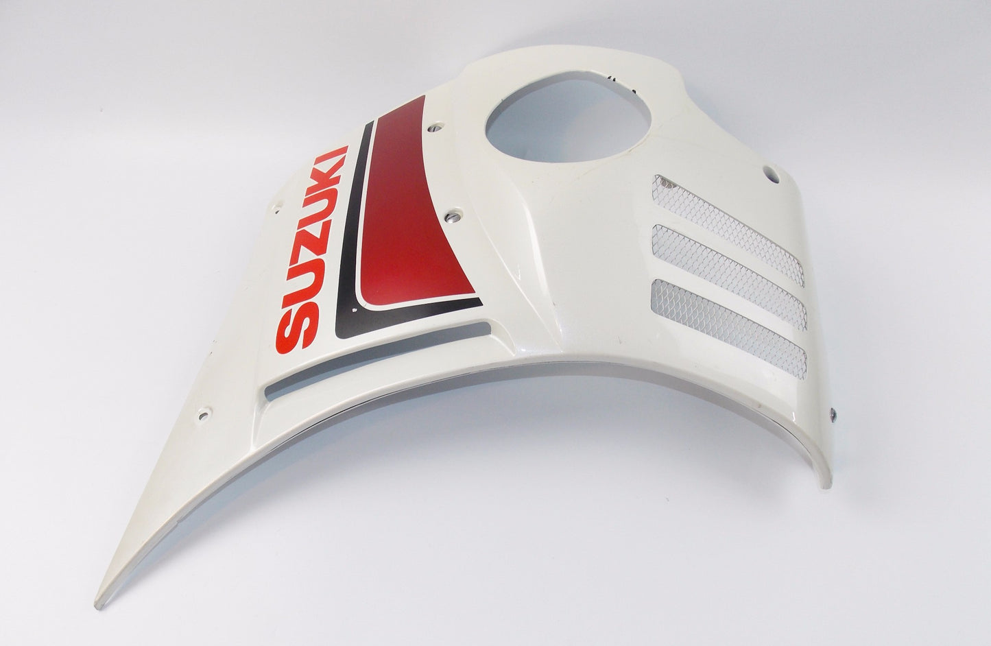 NOS OEM SUZUKI PEARL WHITE PLASTIC LEFT SIDE HIGHER FAIRING PANEL - MotoRaider